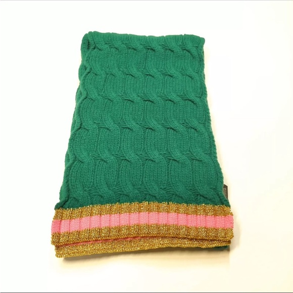 Auth Gucci Green Wool Cable Knit Scarf Pink Metallic Gold Knit Trim Ex+ Stole - Picture 10 of 11